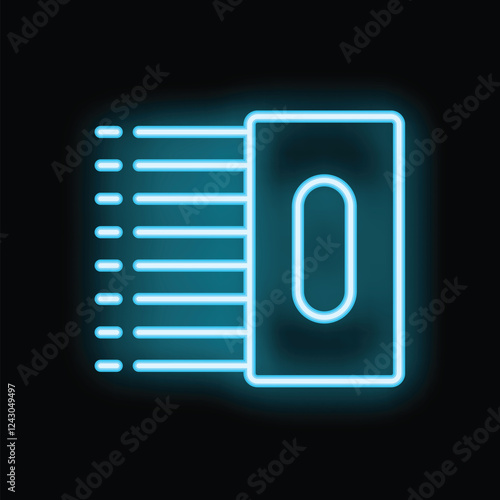Neon blue icon of a ram memory module glowing on black background