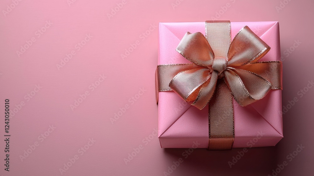 Set against a soft background, a pastel pink gift box with a shiny gold ribbon gives off a festive and cheerful feel, making it perfect for celebrations and special occasions Set against a soft background, a pastel pink gift box with a shiny gold ribbon gives off a festive and cheerful feel, making it perfect for celebrations and special occasions