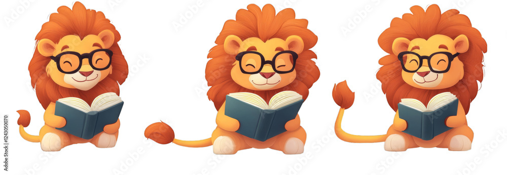 Obraz premium Cute Lion Reading a Book: Adorable Illustration of a Lion with Glasses Enjoying Literature