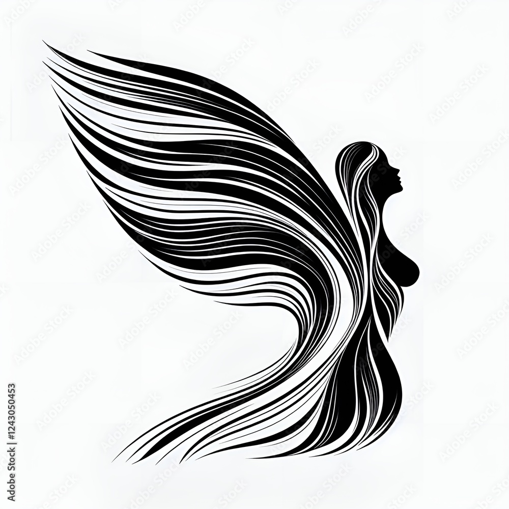 Obraz premium Stylized black and white silhouette of a woman with flowing hair and angel wings