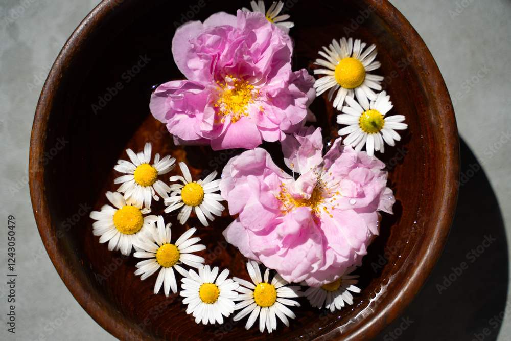 Two large pink rose hips and yellow flowers of chamomile slowly sway on the surface of the water in a wooden bowl