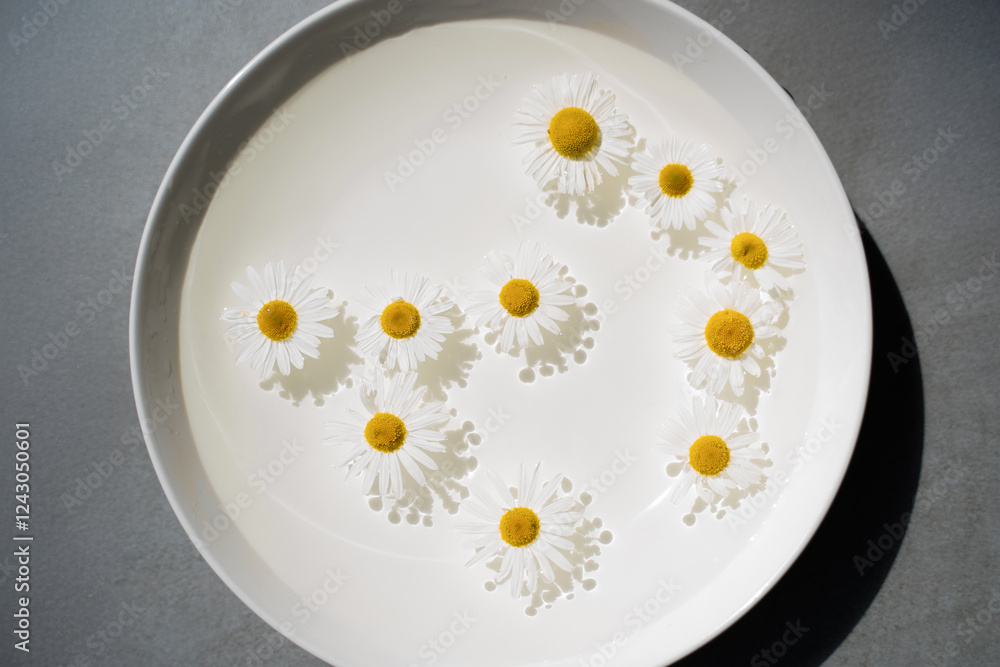 Yellow flowers of chamomile slowly sway on a white plate on the surface of the water