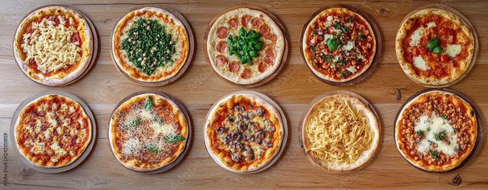 Panoramic view of various pizza and pasta dishes on a dark wooden background with copy space, from a top-down perspective. Panoramic view of various pizza and pasta dishes on a dark wooden background with copy space, from a top-down perspective.