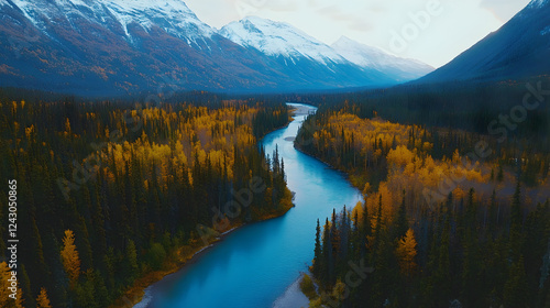 A majestic and mysterious natural landscape during cold weather. Include a flowing river, dense forests, and towering snowy mountains in the background. photo