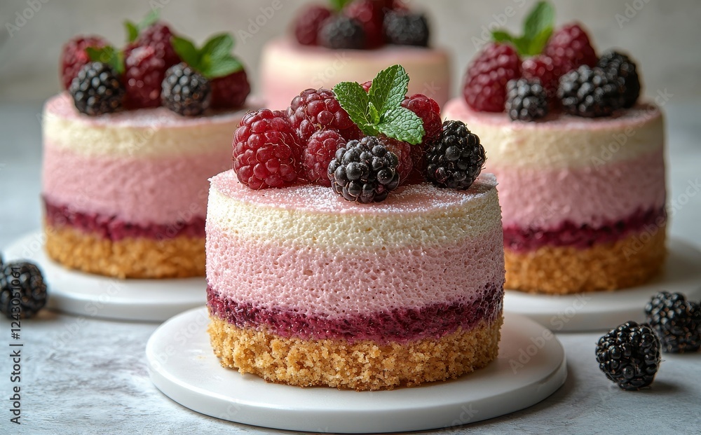 Delightful mini cakes adorned with fresh raspberries and blueberries, reflecting a modern bakery style. Ideal for celebrations or special occasions Delightful mini cakes adorned with fresh raspberries and blueberries, reflecting a modern bakery style. Ideal for celebrations or special occasions