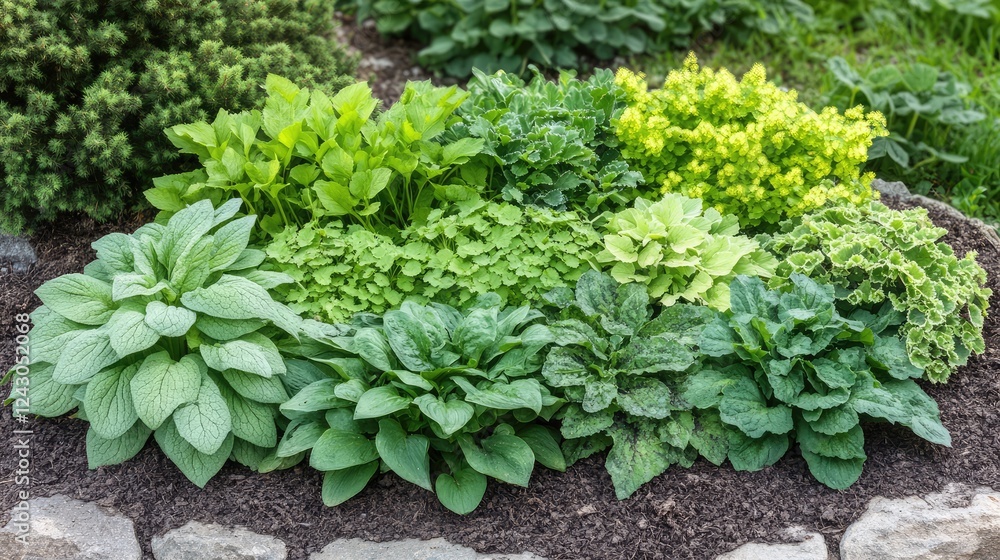 A collection of green perennial plants with soft morning light, providing ample space for promotional content or text. A collection of green perennial plants with soft morning light, providing ample space for promotional content or text.