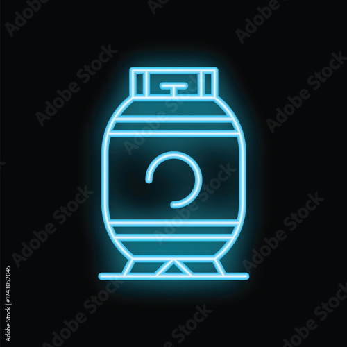 Blue neon icon of a camping gas cylinder glowing on dark background