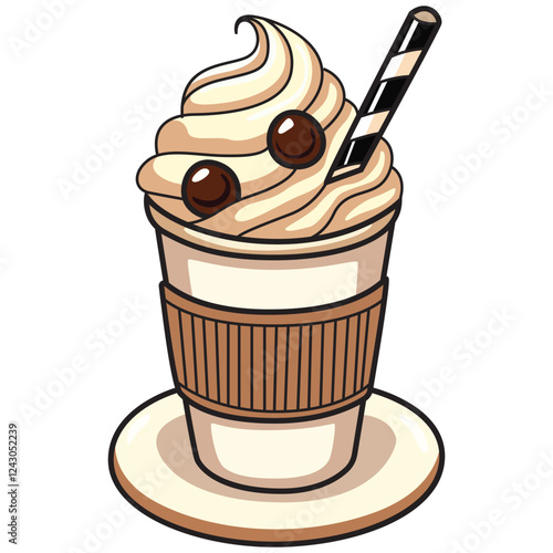 A detailed vector illustration of a paper coffee cup topped with rich cream and drizzled with chocolate.