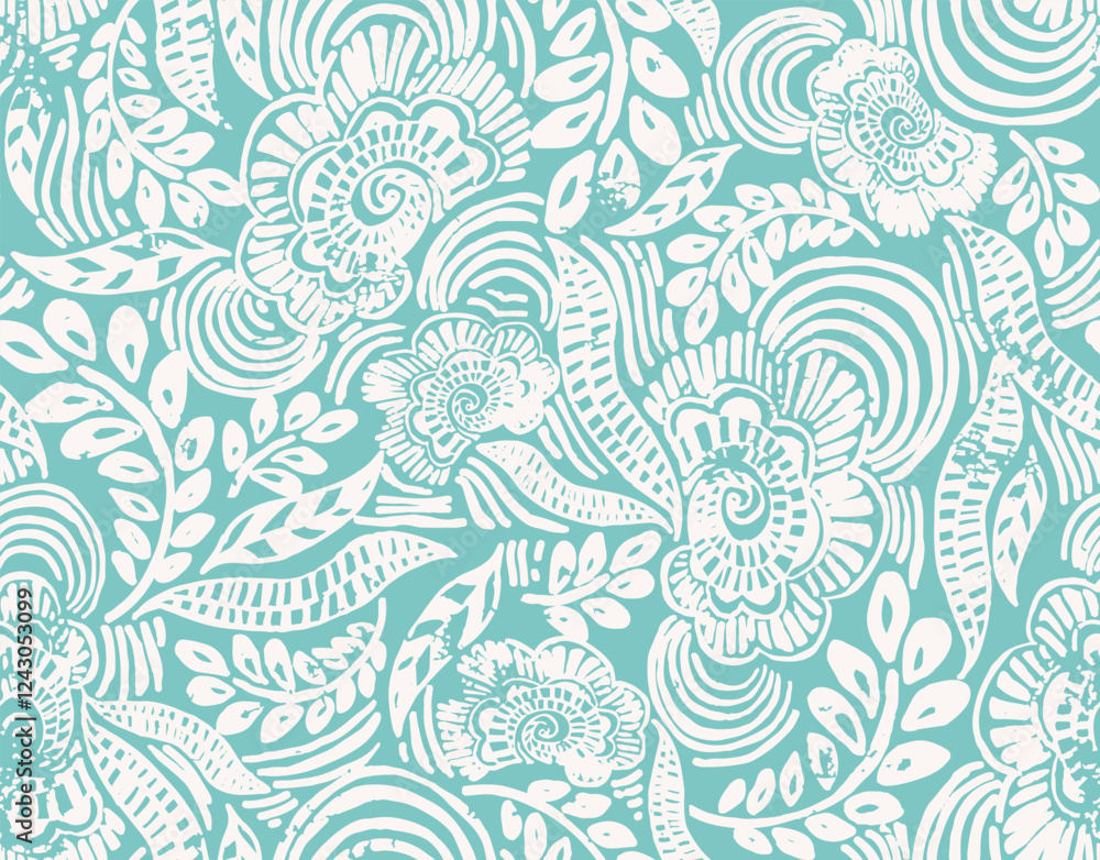 Fototapeta premium Cute, floral mandala, monochrome, ethnic, floral illustration, grunge, grungy, seamless pattern, print, textile, fabric, clothing, packaging, vector graphic artwork
