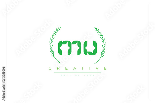 MU letters eco logo with leaf. Fresh nature and healthy leaf logo design.