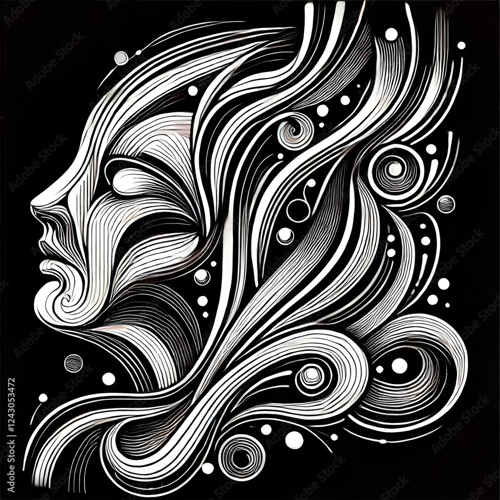 Fototapeta premium Intricate black and white vector illustration of a stylized female face with flowing lines and abstract shapes
