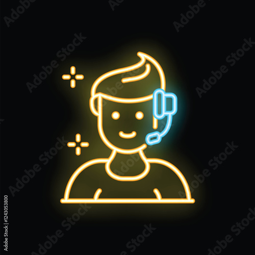 Neon sign of a customer service representative smiling while wearing a headset