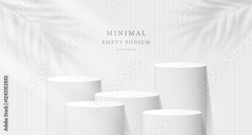 3D white round podium set background with light and shadow. Abstract geometric composition in minimalist design. 3D studio display showroom product pedestal, Fashion stage showcase mockup scene.