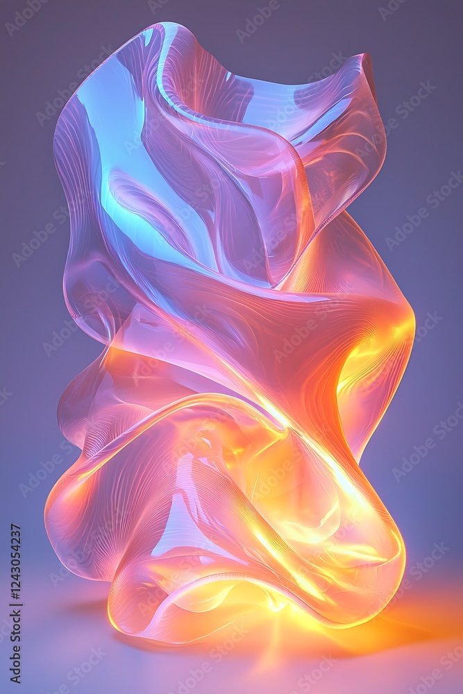Translucent sheets of material curving dynamically, forming a flowing abstract shape, captured in a glowing neon atmosphere. Translucent sheets of material curving dynamically, forming a flowing abstract shape, captured in a glowing neon atmosphere.