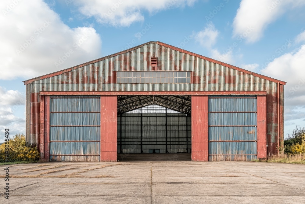 Rusty metal warehouse with open doors and cloudy sky Rusty metal warehouse with open doors and cloudy sky