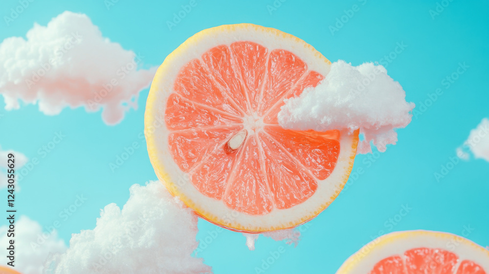 Fototapeta premium Vibrant Lemon Art Amidst Fluffy Clouds and a Bright Sky Showcasing Creative Fruit Representation. Generative AI