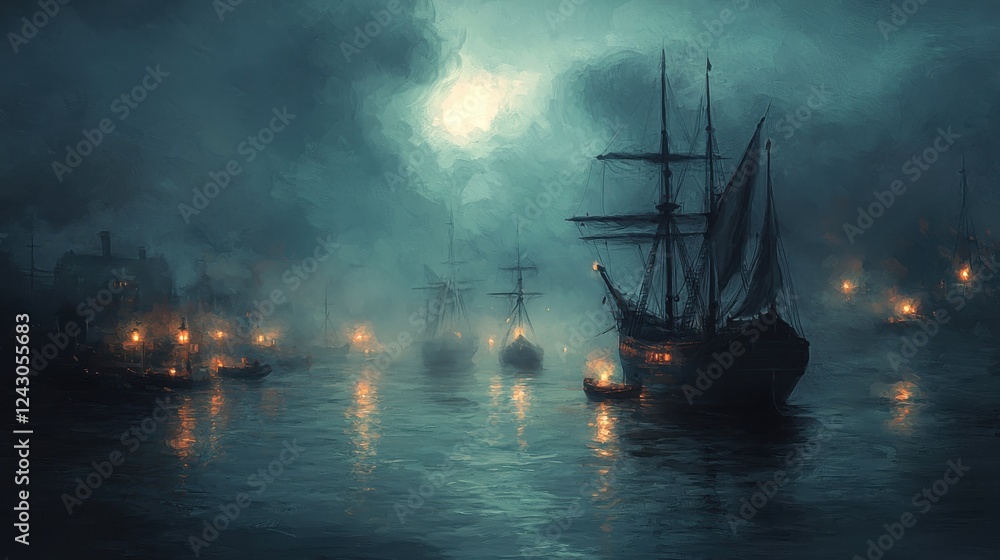 Obraz premium Dark, moody nighttime scene of a fleet of sailing ships at sea under a full moon, shrouded in fog and illuminated by lanterns.