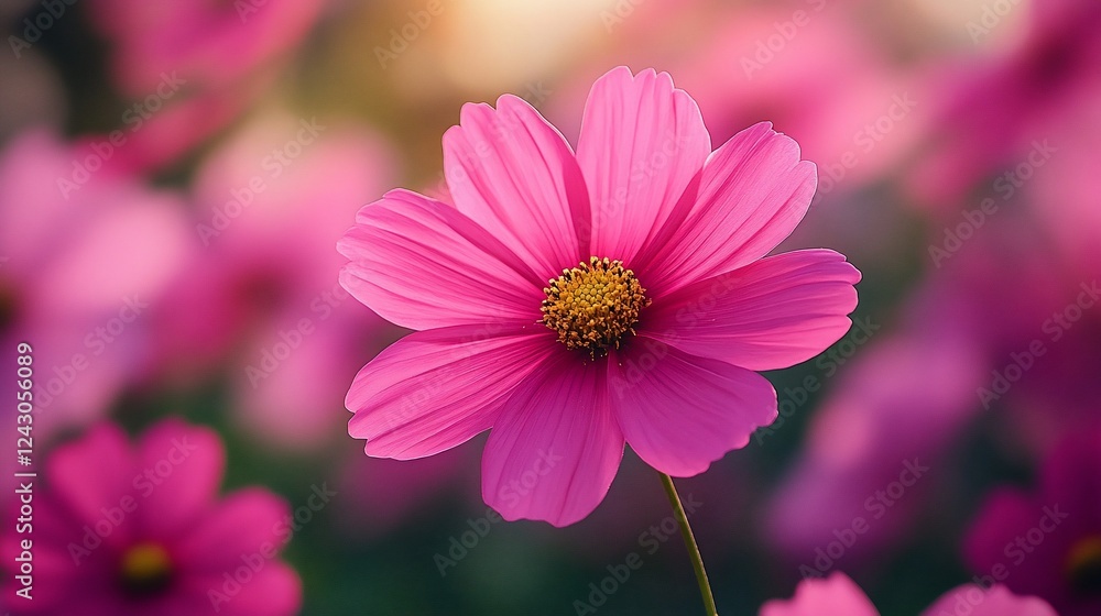 Pink cosmos flower field sunset background, nature beauty