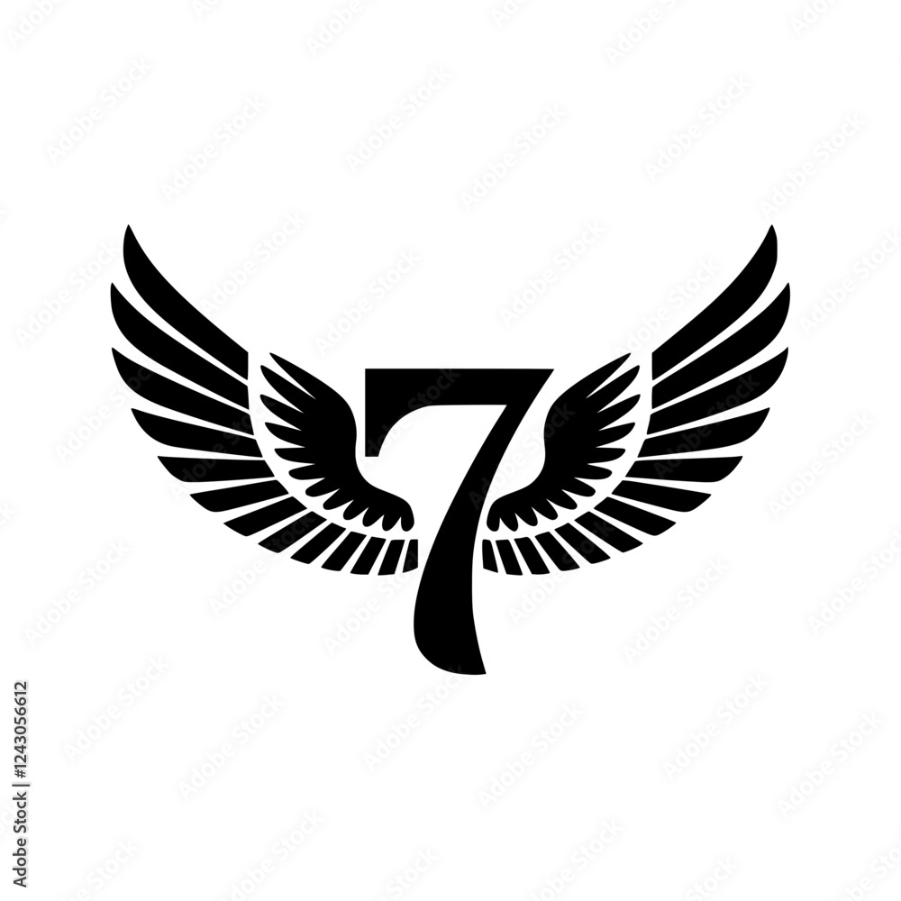Obraz premium Winged Number 7 Black Logo Design, Black number 7 with symmetrical wings, creating a bold and stylish logo. Ideal for branding, aviation, luck, sports, or business identity. 