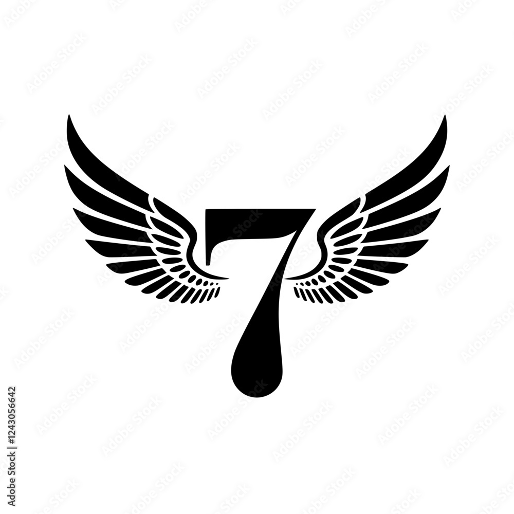 Obraz premium Winged Number 7 Black Logo Design, Black number 7 with symmetrical wings, creating a bold and stylish logo. Ideal for branding, aviation, luck, sports, or business identity. 