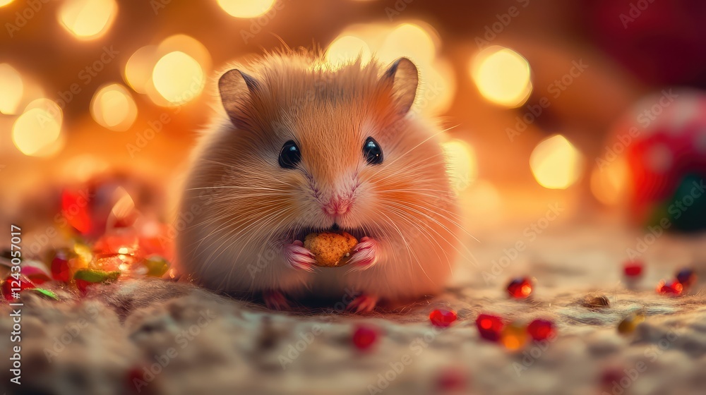 A fluffy hamster eating a small snack on its own, with soft lighting creating an inviting atmosphere. A fluffy hamster eating a small snack on its own, with soft lighting creating an inviting atmosphere.