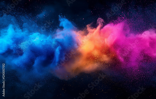 Colorful powder explosion in vibrant colors for the Holi festival, an abstract background with copy space.