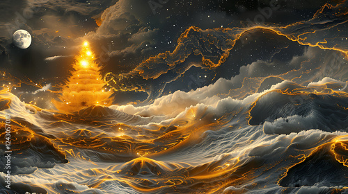 3d modern art mural wallpaper night landscape, white clouds with dark background. Golden Christmas tree, mountain, golden deer, light moon, golden and black waves. for wall decoration