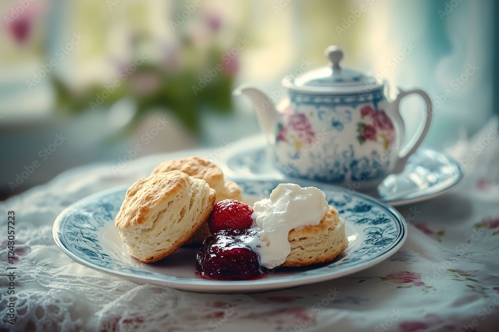Scones, jam, cream, tea, window, floral background; afternoon tea Scones, jam, cream, tea, window, floral background; afternoon tea