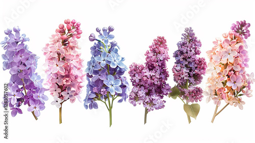 set of lilac flowers isolated on a white background