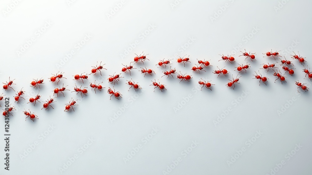 Close-up of ants marching on a white background, seen from above Close-up of ants marching on a white background, seen from above
