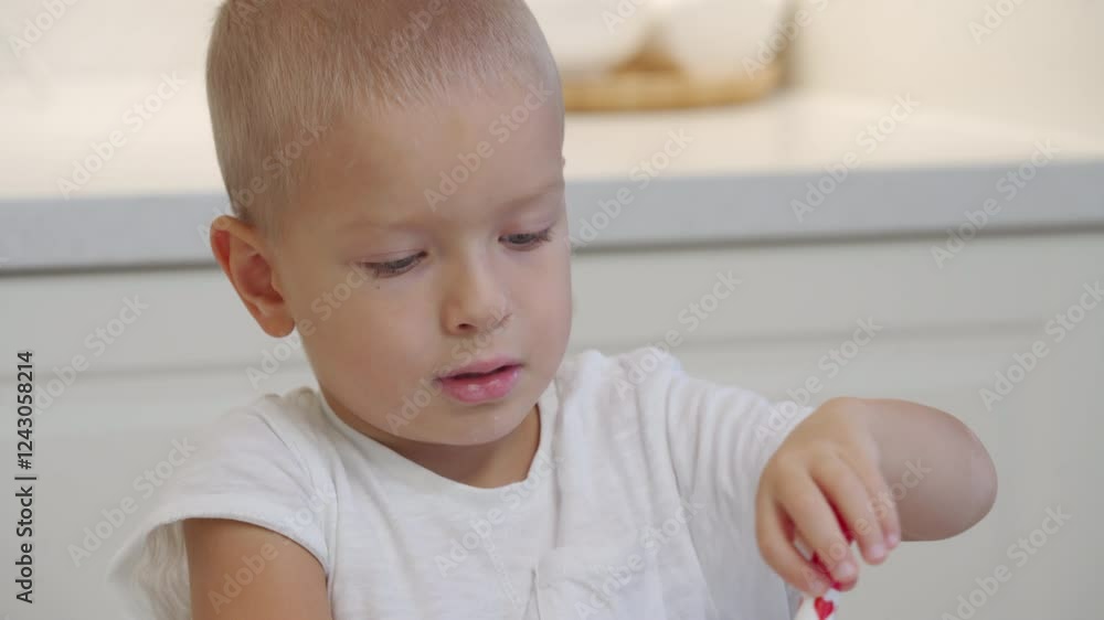 Child drawing with colored felt-tip pens in album at home. Face of little boy enthusiastically drawing at table. Three year old child learns to draw with felt tip stamps comments on his actions. Child drawing with colored felt-tip pens in album at home. Face of little boy enthusiastically drawing at table. Three year old child learns to draw with felt tip stamps comments on his actions.