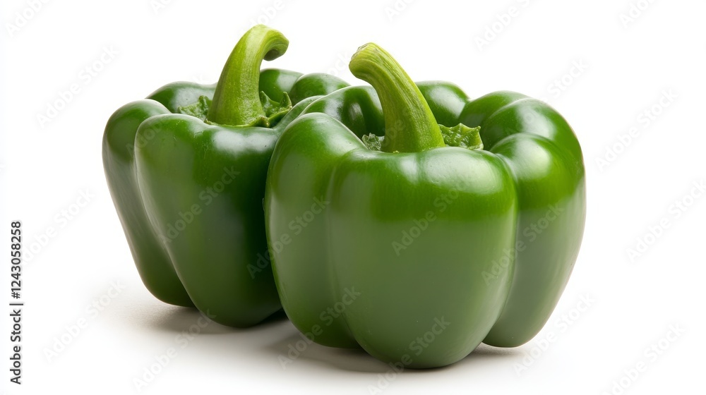 Two ripe green bell peppers on white background, studio shot, ideal for food blogs or recipe websites Two ripe green bell peppers on white background, studio shot, ideal for food blogs or recipe websites