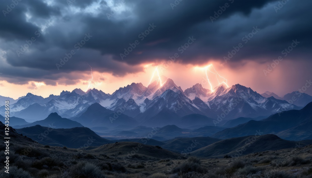 Obraz premium Majestic Mountain Range at Sunset with Dramatic Lightning Strikes