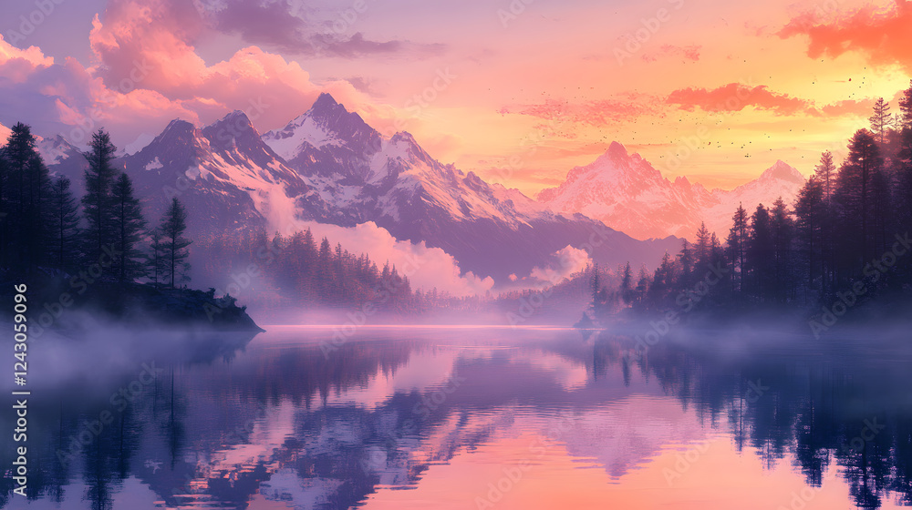 A tranquil mountain lake at sunrise, surrounded by snow-capped peaks and dense pine forests, with the vibrant hues of orange and pink reflected in the still water. Gentle mist rises from the surface, A tranquil mountain lake at sunrise, surrounded by snow-capped peaks and dense pine forests, with the vibrant hues of orange and pink reflected in the still water. Gentle mist rises from the surface,
