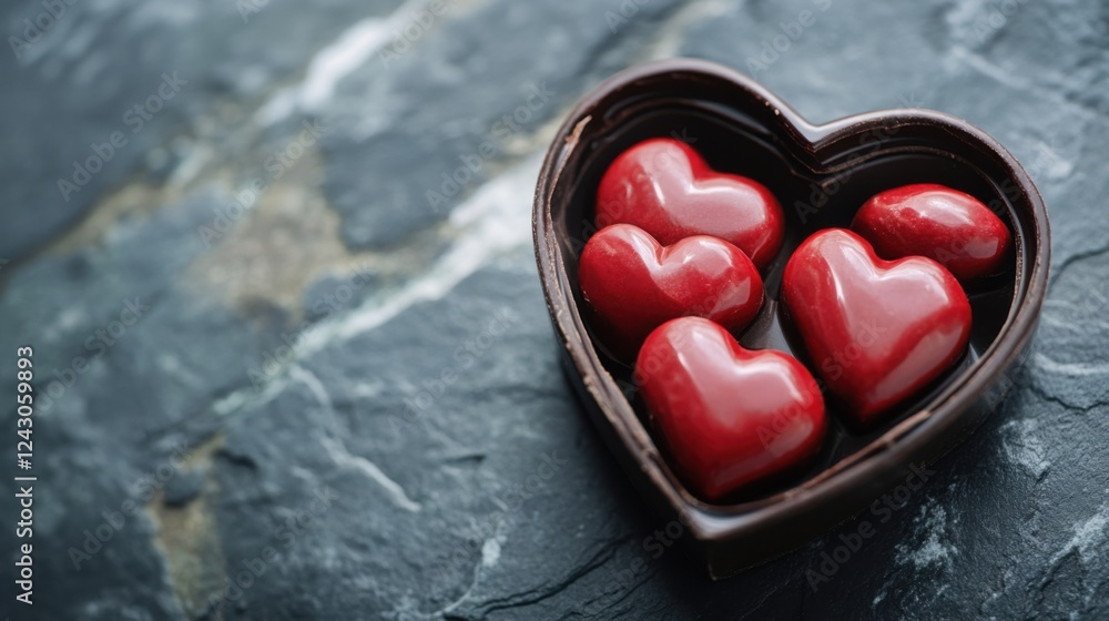 Fototapeta premium A Delightful Array of Heart-Shaped Chocolates, Exquisitely Arranged in a Luxurious Dark Box, Resting on a Sumptuous Gray Marble Surface, Evoking a Sense of Elegance and Indulgence