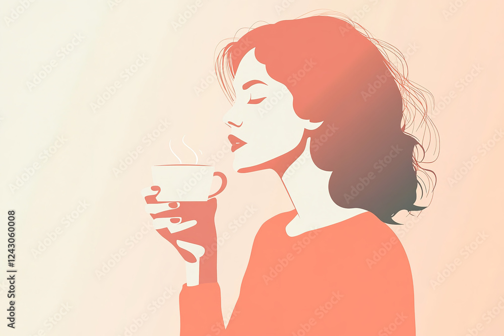 Woman enjoying a warm cup of coffee while contemplating in a serene atmosphere Woman enjoying a warm cup of coffee while contemplating in a serene atmosphere
