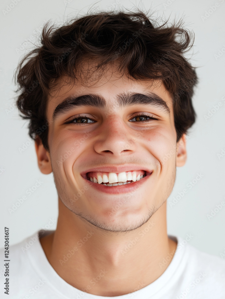 Smiling young man with joyful expression in casual white shirt Smiling young man with joyful expression in casual white shirt