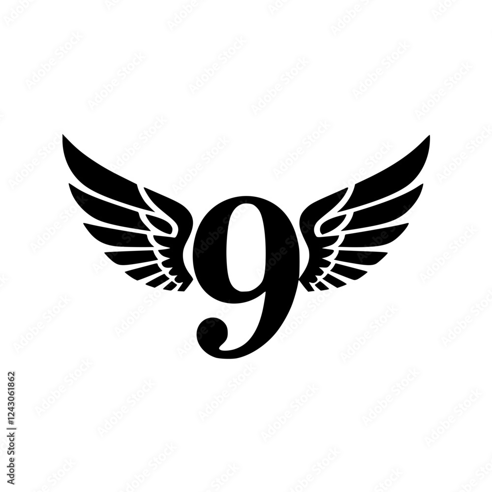 Obraz premium Winged Number 9 Black Logo Design, Black number 9 with symmetrical wings, creating a bold and stylish logo. Ideal for branding, aviation, completion, sports, or business identity. 