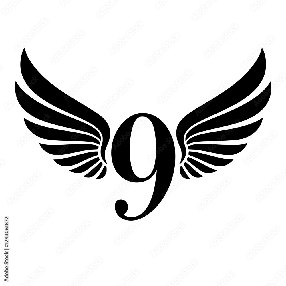 Obraz premium Winged Number 9 Black Logo Design, Black number 9 with symmetrical wings, creating a bold and stylish logo. Ideal for branding, aviation, completion, sports, or business identity. 