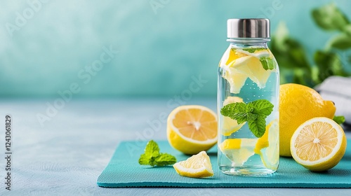Fitness Wellness concept. Refreshing lemon mint water in a stylish bottle, surrounded by fresh lemons and mint leaves on a vibrant blue background.