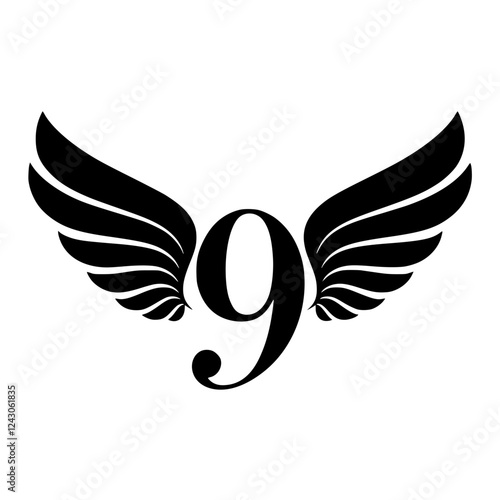 Winged Number 9 Black Logo Design, Black number 9 with symmetrical wings, creating a bold and stylish logo. Ideal for branding, aviation, completion, sports, or business identity.  
  
