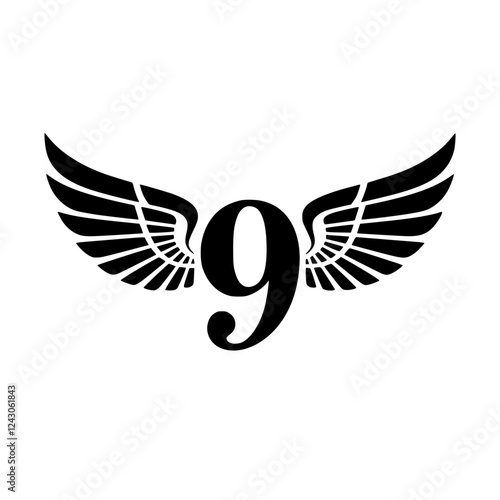 Winged Number 9 Black Logo Design, Black number 9 with symmetrical wings, creating a bold and stylish logo. Ideal for branding, aviation, completion, sports, or business identity.  
  
