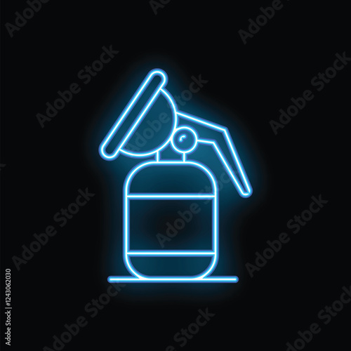 Neon blue icon of a breast pump glowing on a black background