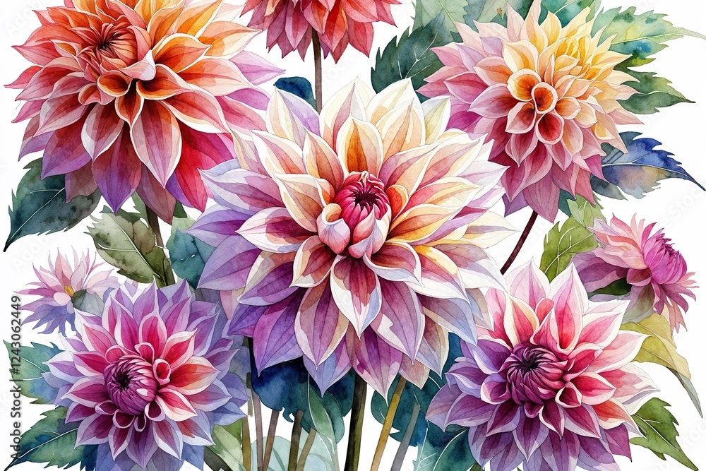 Fototapeta premium Intricate Watercolor Dahlia Flower Designs for Invitations and Greeting Cards