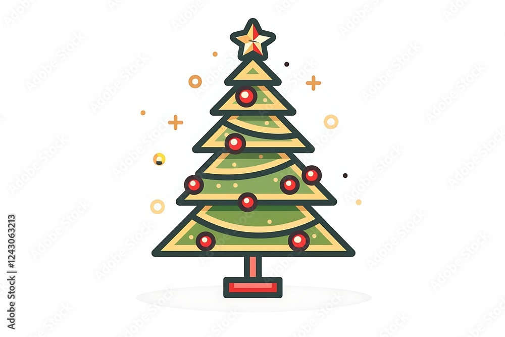 Clean linear icon of a Christmas tree with red and gold ornaments, simple lines, minimalistic and elegant design,.