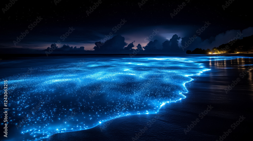 Fototapeta premium Bioluminescent waves light night beach, blue glow, magical ocean wonder. Starlight sky dark sea nature coast nighttime marine scenic beauty.