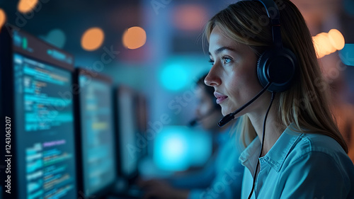 Woman with headphone, Call centre analyses agent and customer service satisfaction concept, 300dpi, 3d illustration