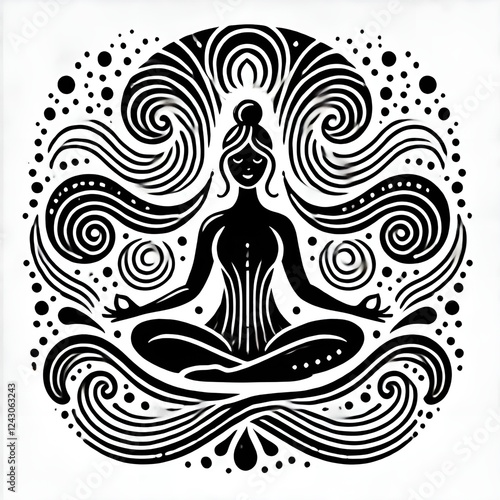 A woman meditating in a lotus position with flowing hair and abstract patterns in a black and white design
 photo