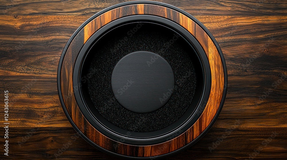 Wooden-rimmed black bowl on wood, empty, top view, product display Wooden-rimmed black bowl on wood, empty, top view, product display