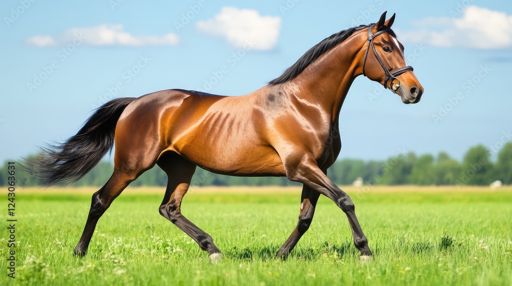 A horse walking through a field with clear skies in the background, perfect for adding design elements. A horse walking through a field with clear skies in the background, perfect for adding design elements.